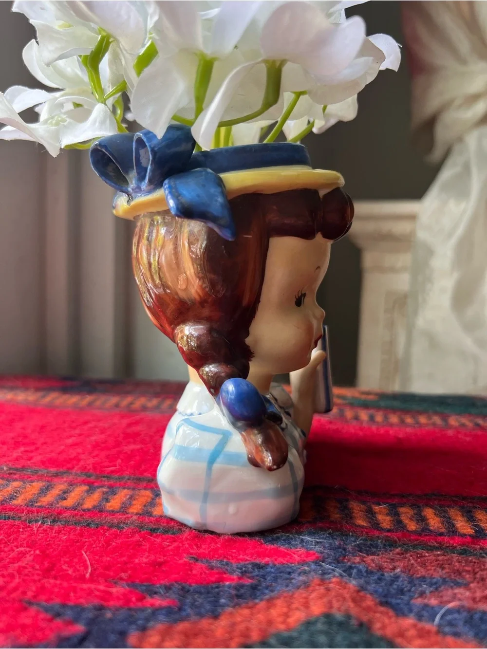 Vintage Ceramic Girl with Pigtails Head Vase in Blue, Checkered dress like new - Picture 3 of 14